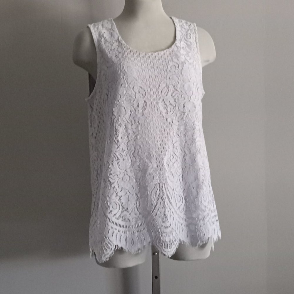 Cleo Petites ice blue lace top cami shell scalloped edge cotton tank sz M